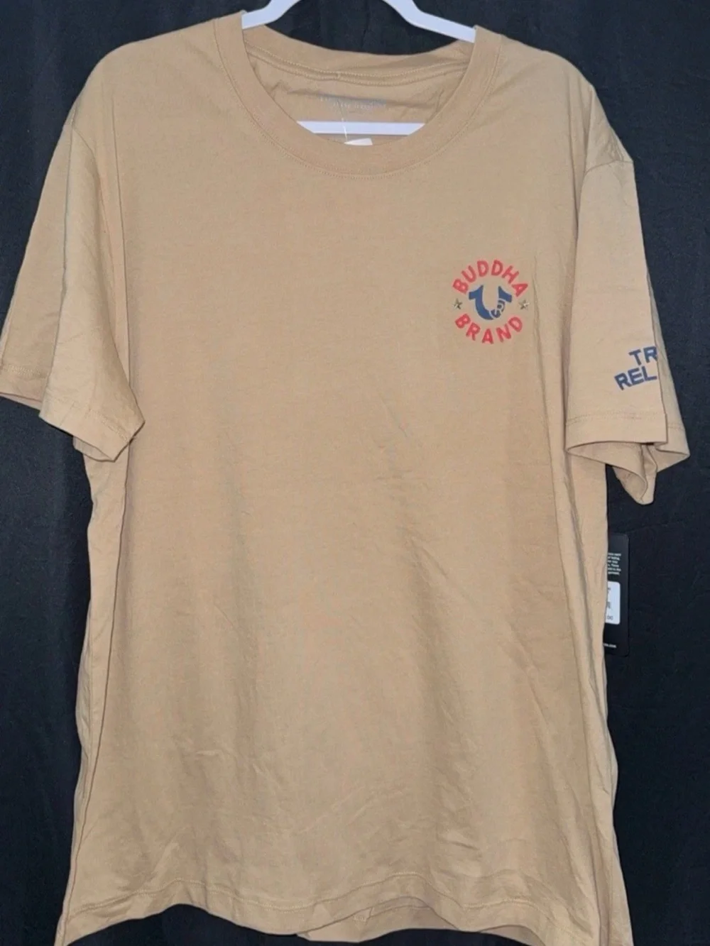 True Religion Tan Short Sleeve Tee with Red and Blue Graphic